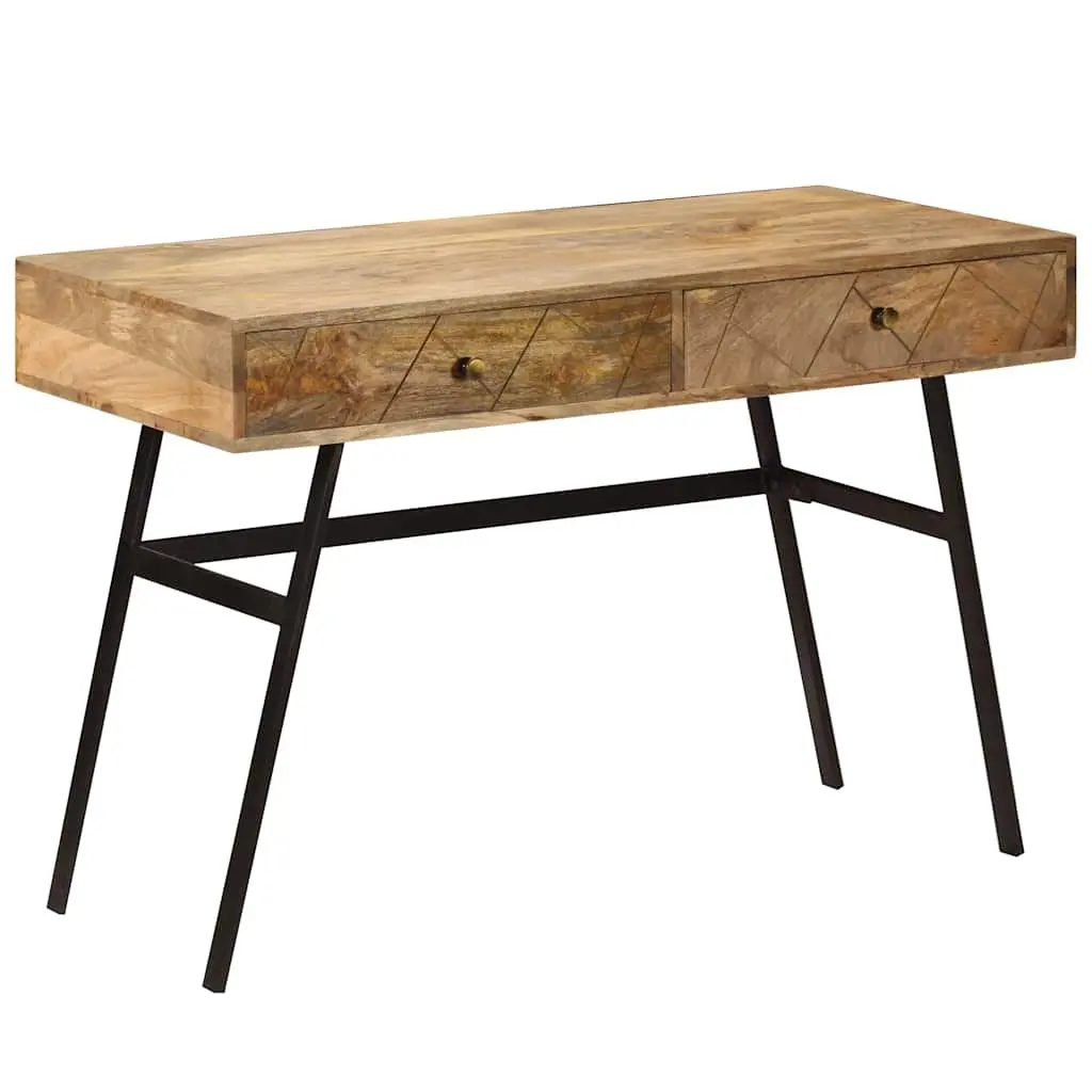 Solid Mango Wood Writing Desk with 2 Drawers Industrial Steel Legs Office
