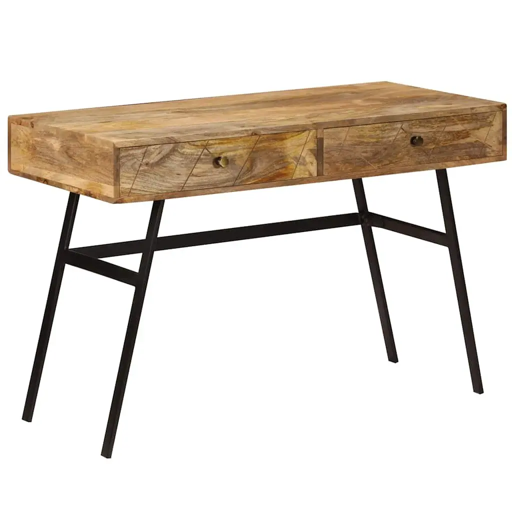 Solid Mango Wood Writing Desk with 2 Drawers Industrial Steel Legs Office
