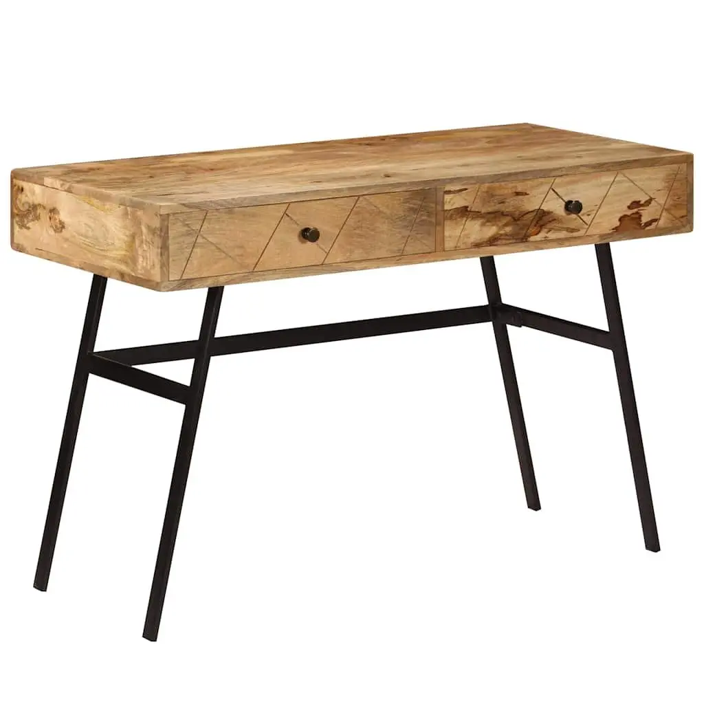 Solid Mango Wood Writing Desk with 2 Drawers Industrial Steel Legs Office