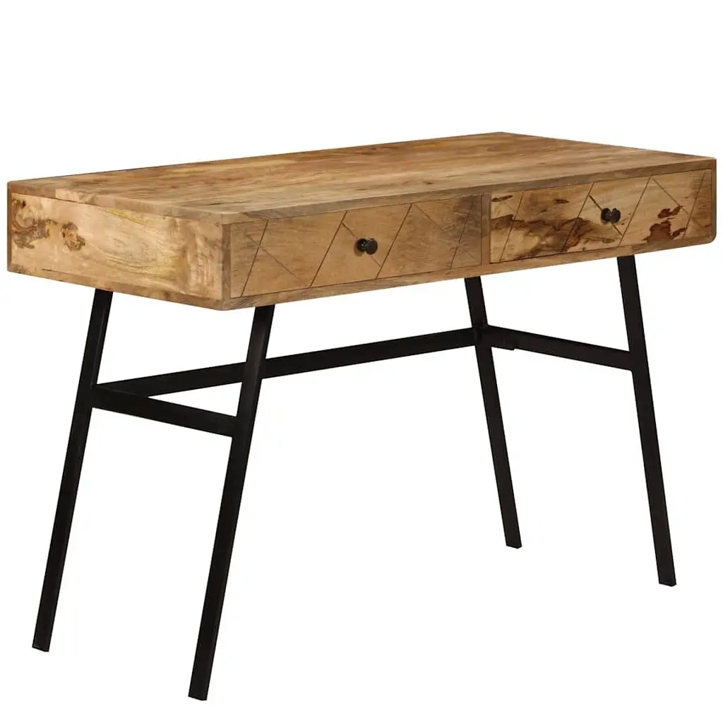 Solid Mango Wood Writing Desk with 2 Drawers Industrial Steel Legs Office