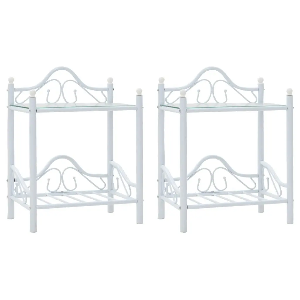 Bedside Tables 2 pcs White Steel Tempered Glass Nightstand Set 45x30.5x60 cm