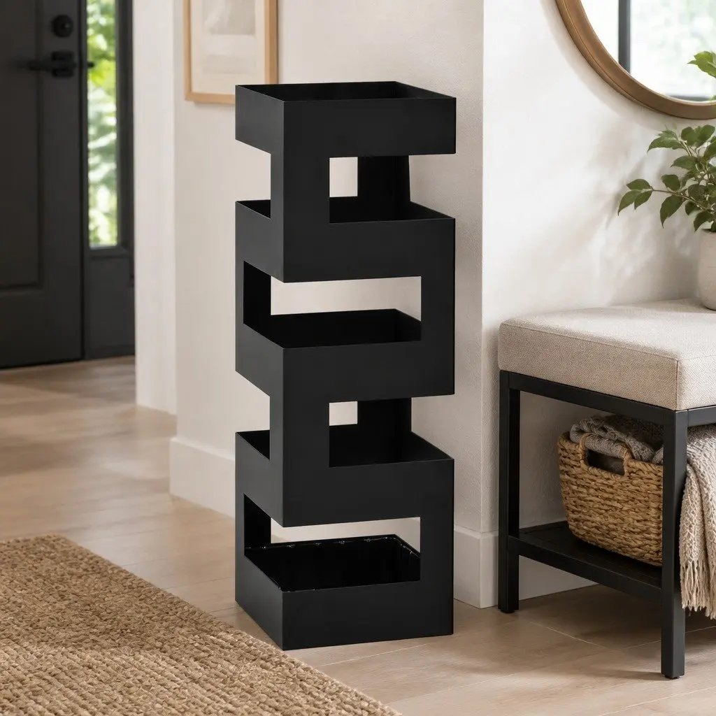 Umbrella Stand Modern Black Powder-coated Steel with Removable Drip Tray