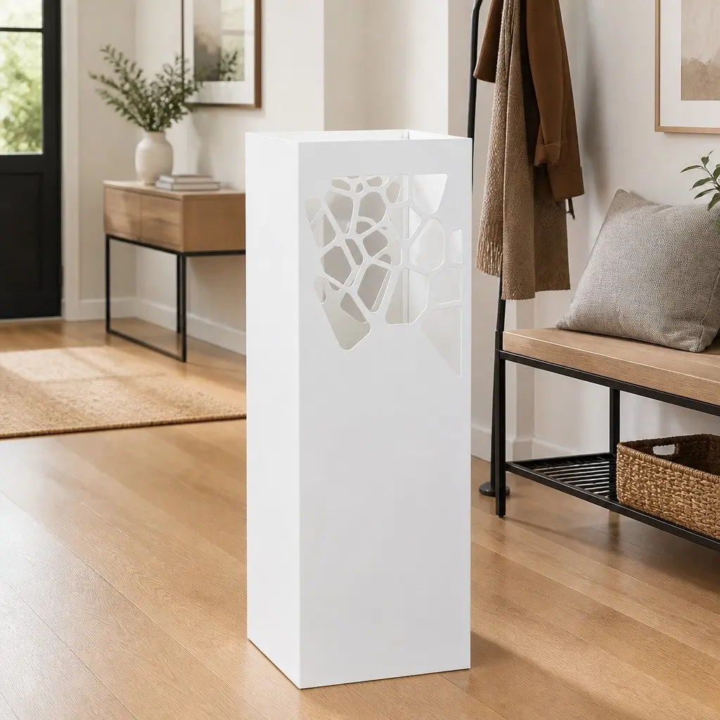 Umbrella Stand Modern White Steel Holder with Removable Drip Tray