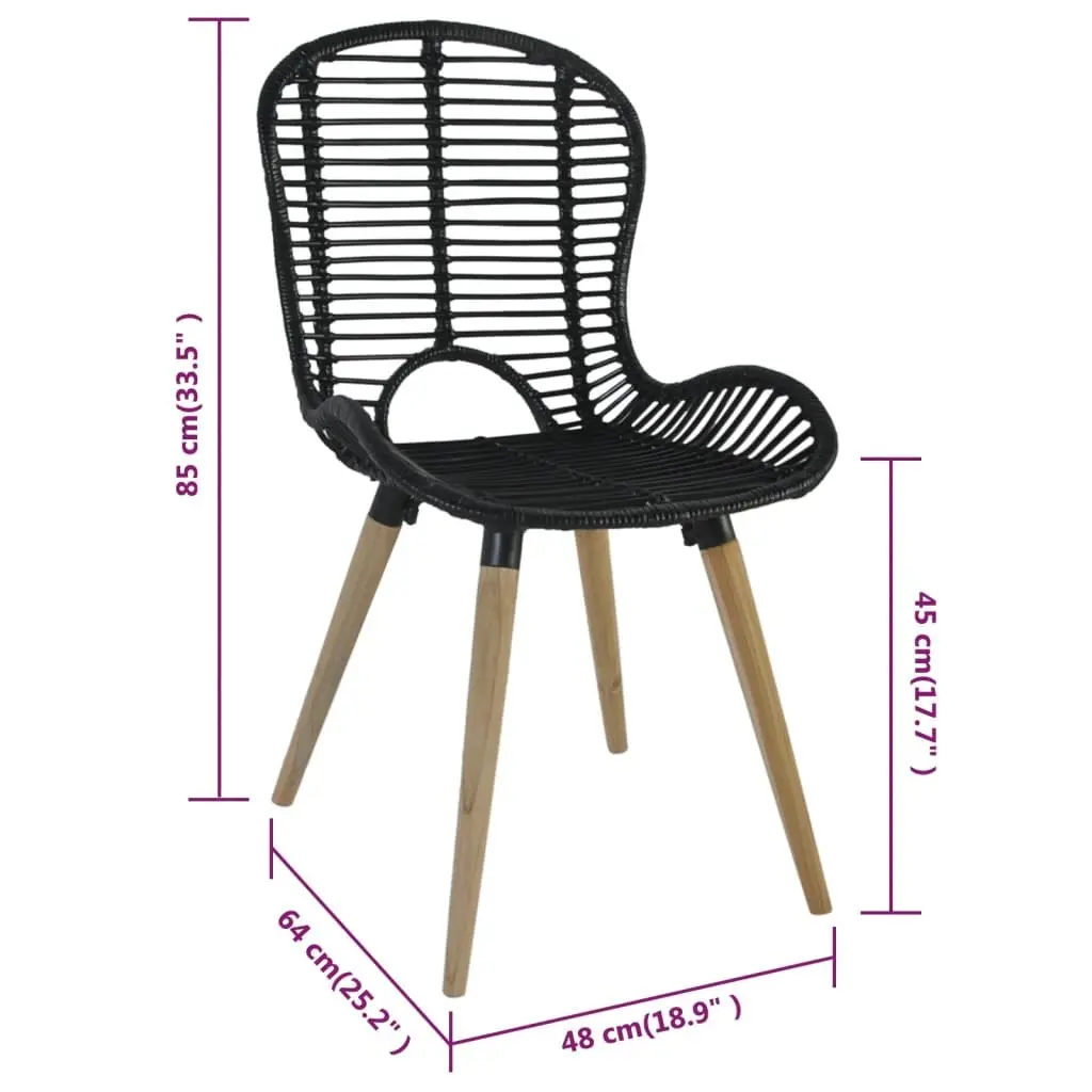 Dining Chairs Natural Rattan Black Wooden Legs Set of 2
