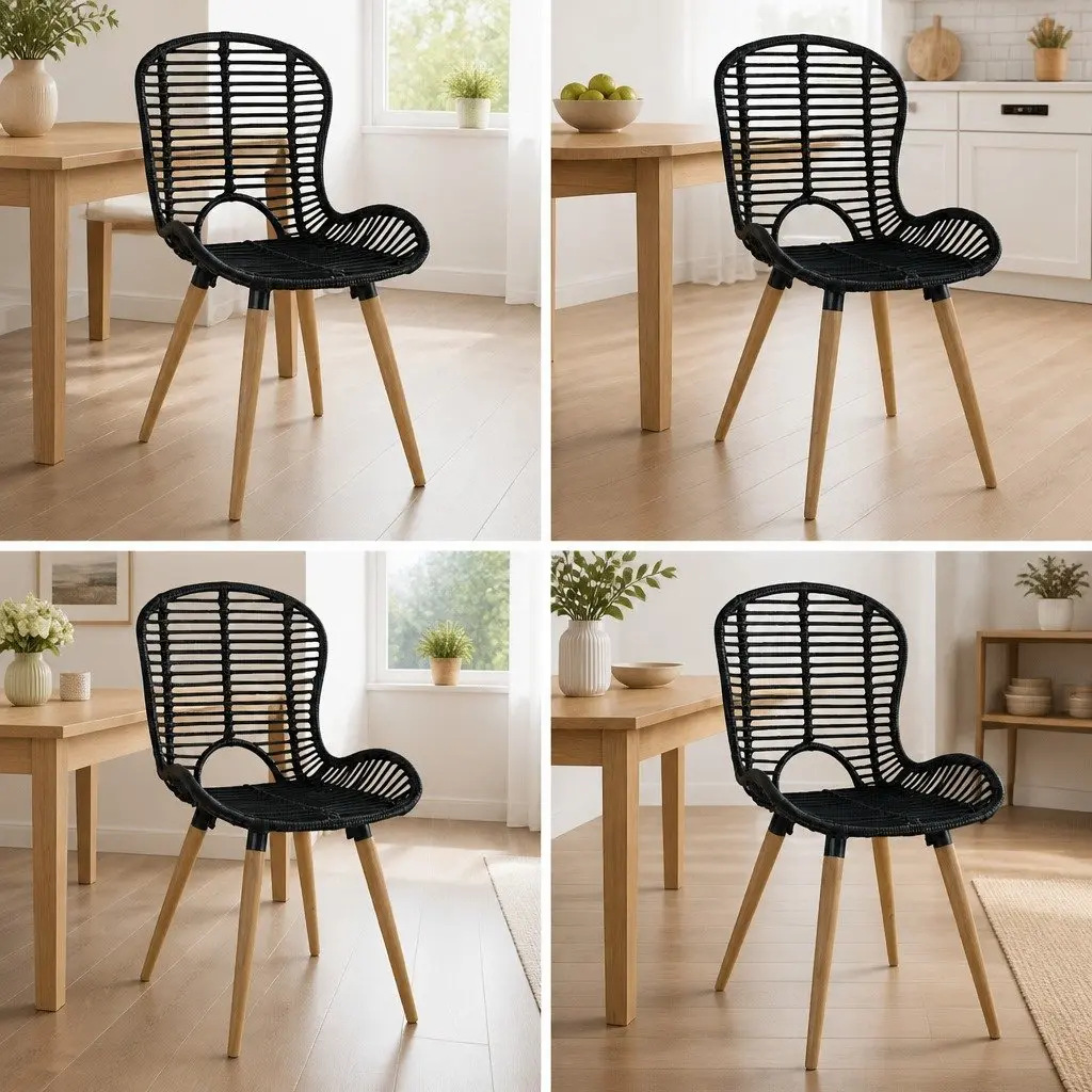 Dining Chairs Set of 4 Black Natural Rattan Wooden Legs Kitchen Room Furniture