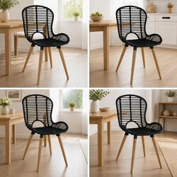 Dining Chairs Set of 4 Black Natural Rattan Wooden Legs Kitchen Room Furniture