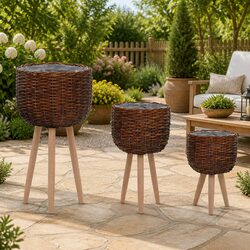 Wicker Planter Set 3 pcs Brown Rattan Garden Potting Pots Rustic Home Decor