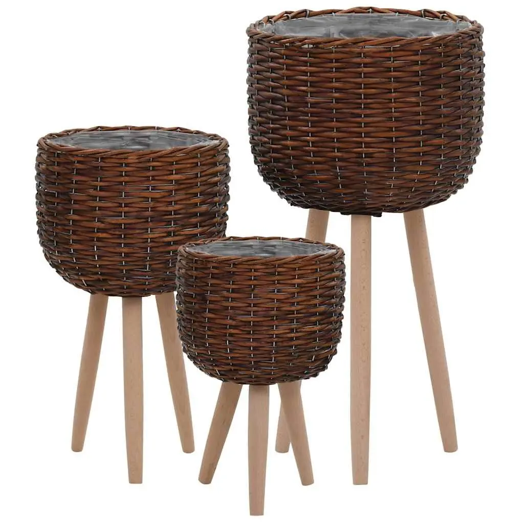 Brown Rattan Wicker Planters Set 3 Piece Rustic Garden Pots Durable Home Decor