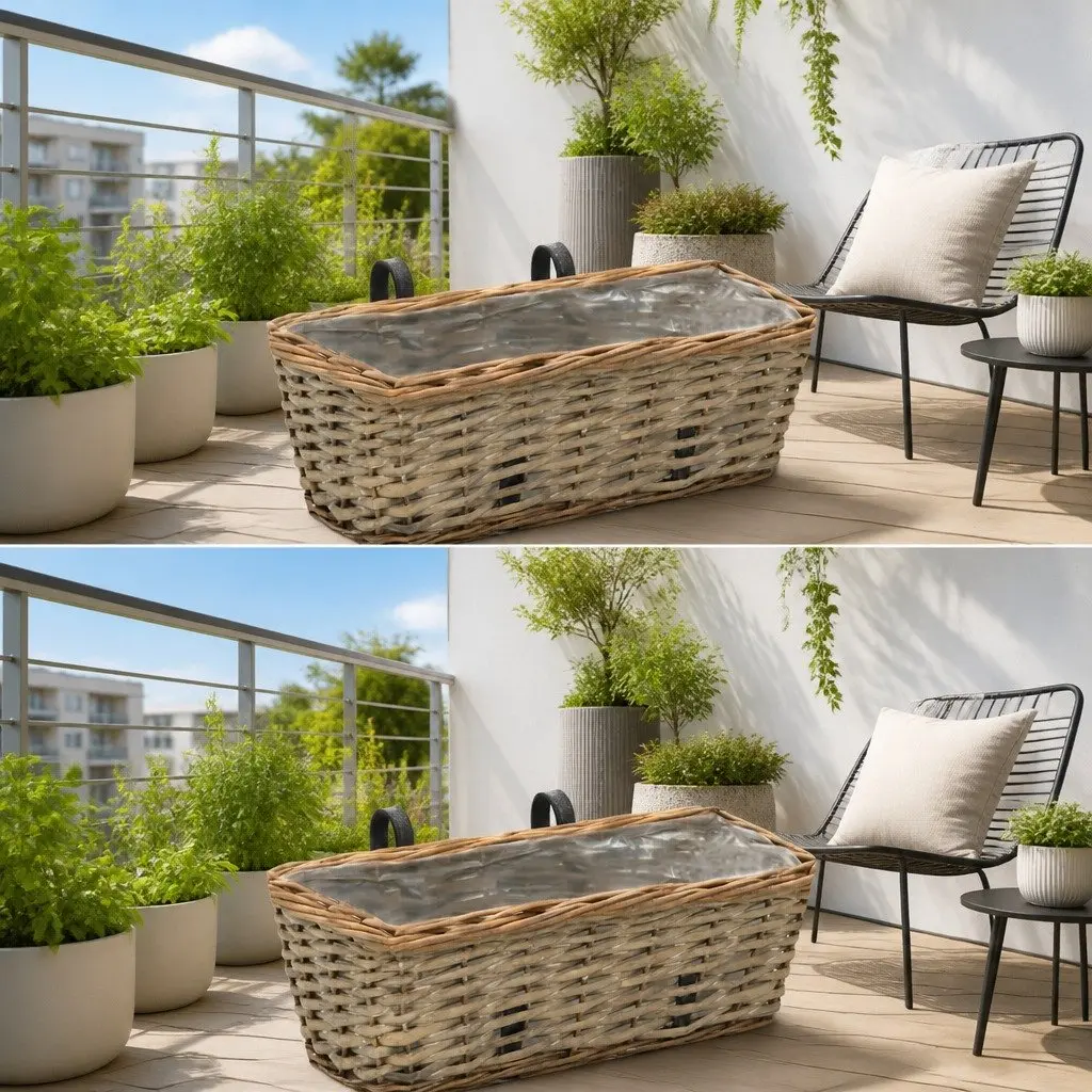 Wicker Balcony Planter Set 2 Pieces Rattan Garden Hanging Pot 40cm