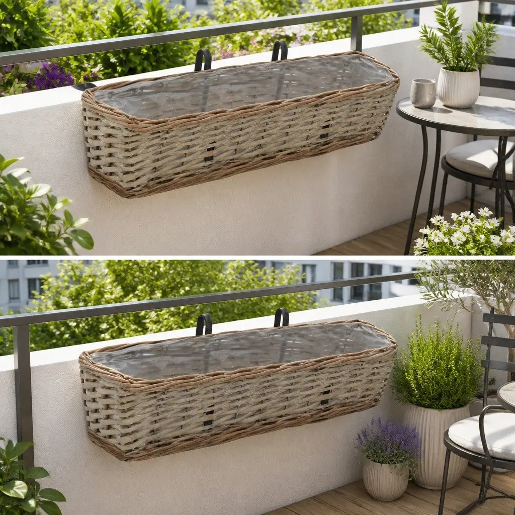 Wicker Planter 2 Piece PE Lining 60 cm Brown Hanging Garden Pot