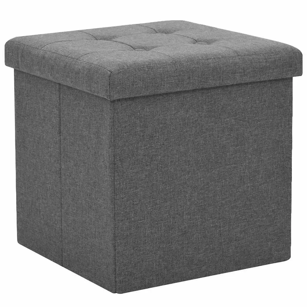 Folding Storage Stools Grey Faux Linen Seat Ottoman 2 Piece