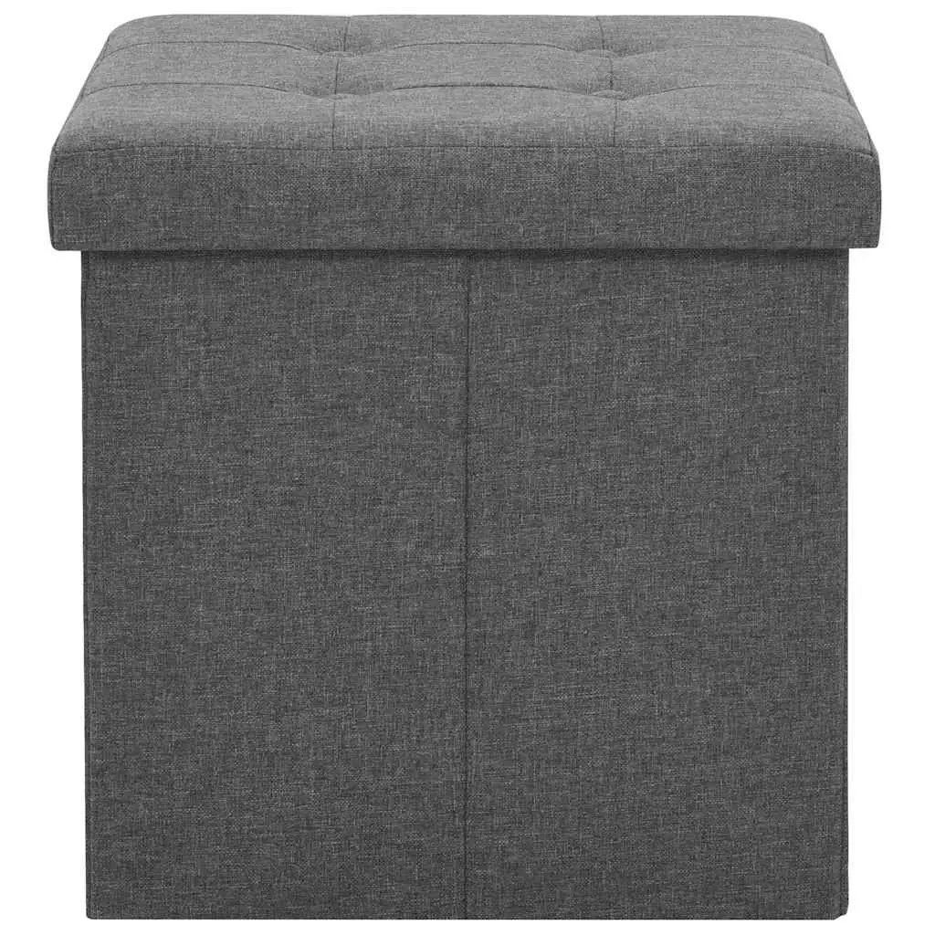 Folding Storage Stools Grey Faux Linen Seat Ottoman 2 Piece