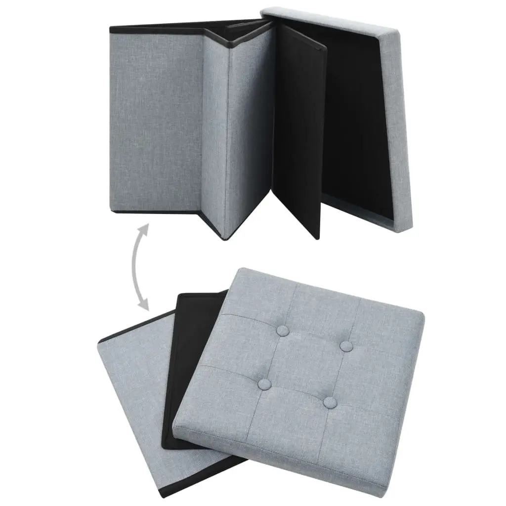 Folding Storage Stools Grey Faux Linen Upholstered Seat Removable Top 2 Piece