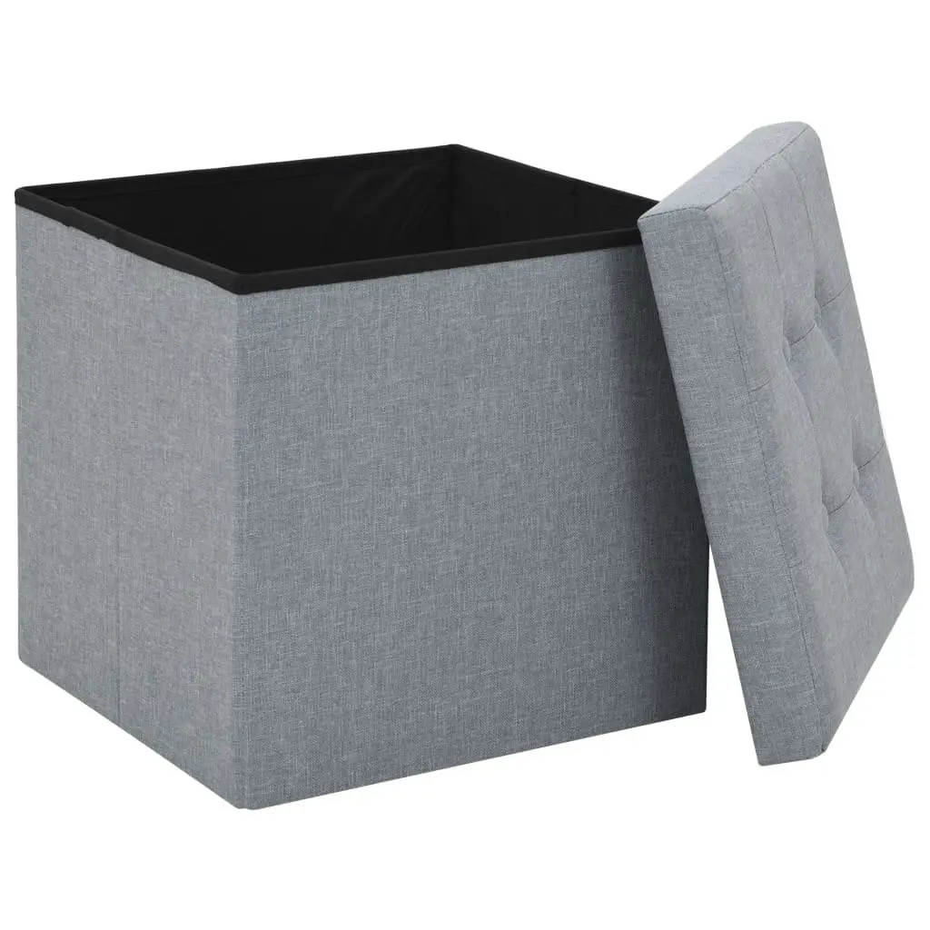 Folding Storage Stools Grey Faux Linen Upholstered Seat Removable Top 2 Piece