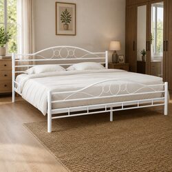 Double Bed Frame White Metal 137x187 cm Slatted Base Modern Bedroom Furniture