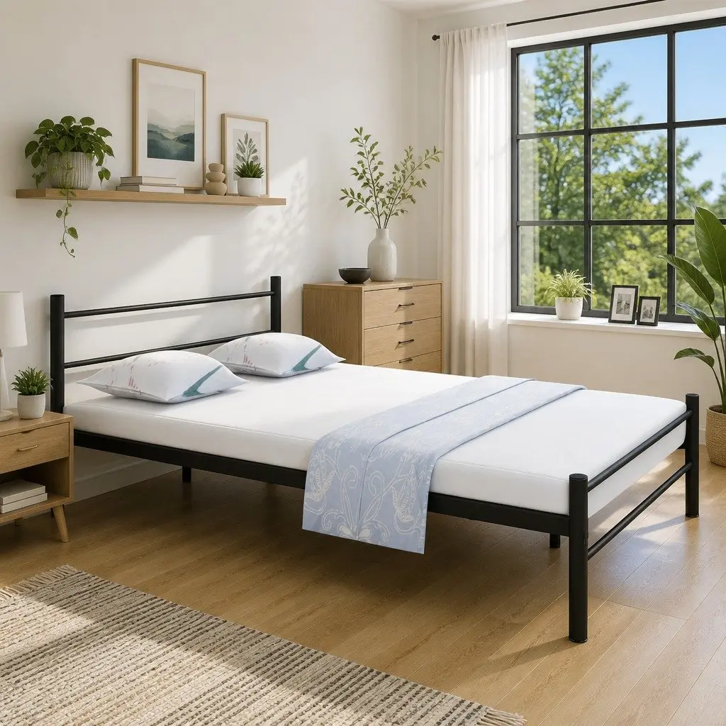Double Bed Frame Black Metal Slatted Base 137 x 187 cm
