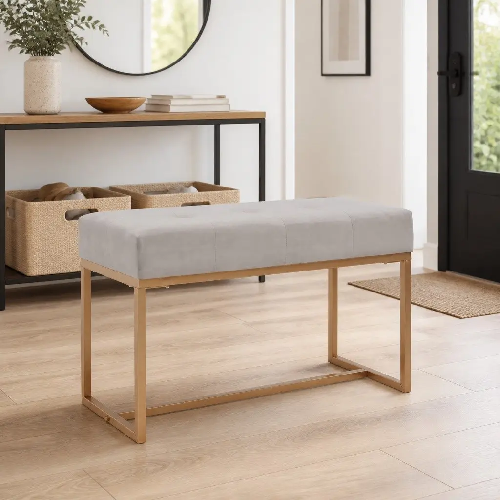 Velvet Bench Soft Upholstered 80cm Grey Entryway Living Room Seating