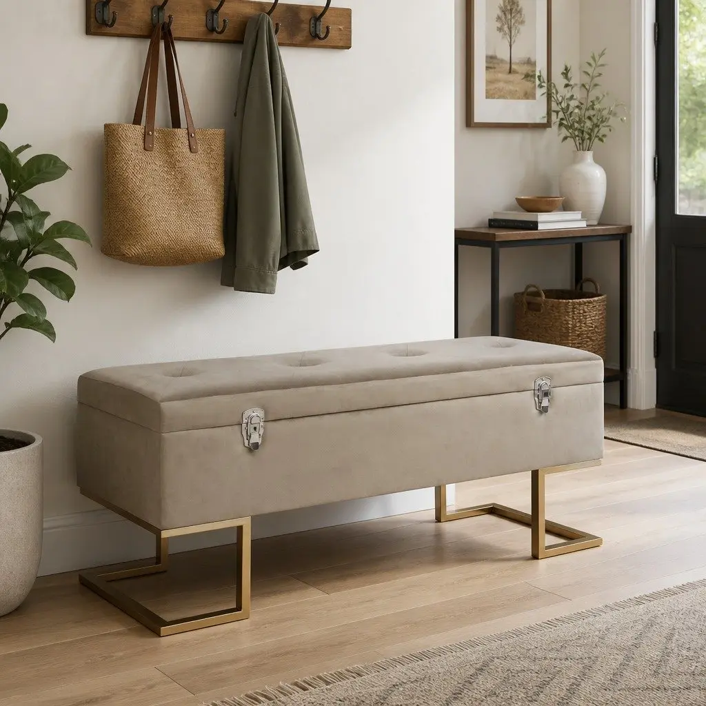 Storage Bench Beige Velvet Upholstered 105 cm with Interior Compartment