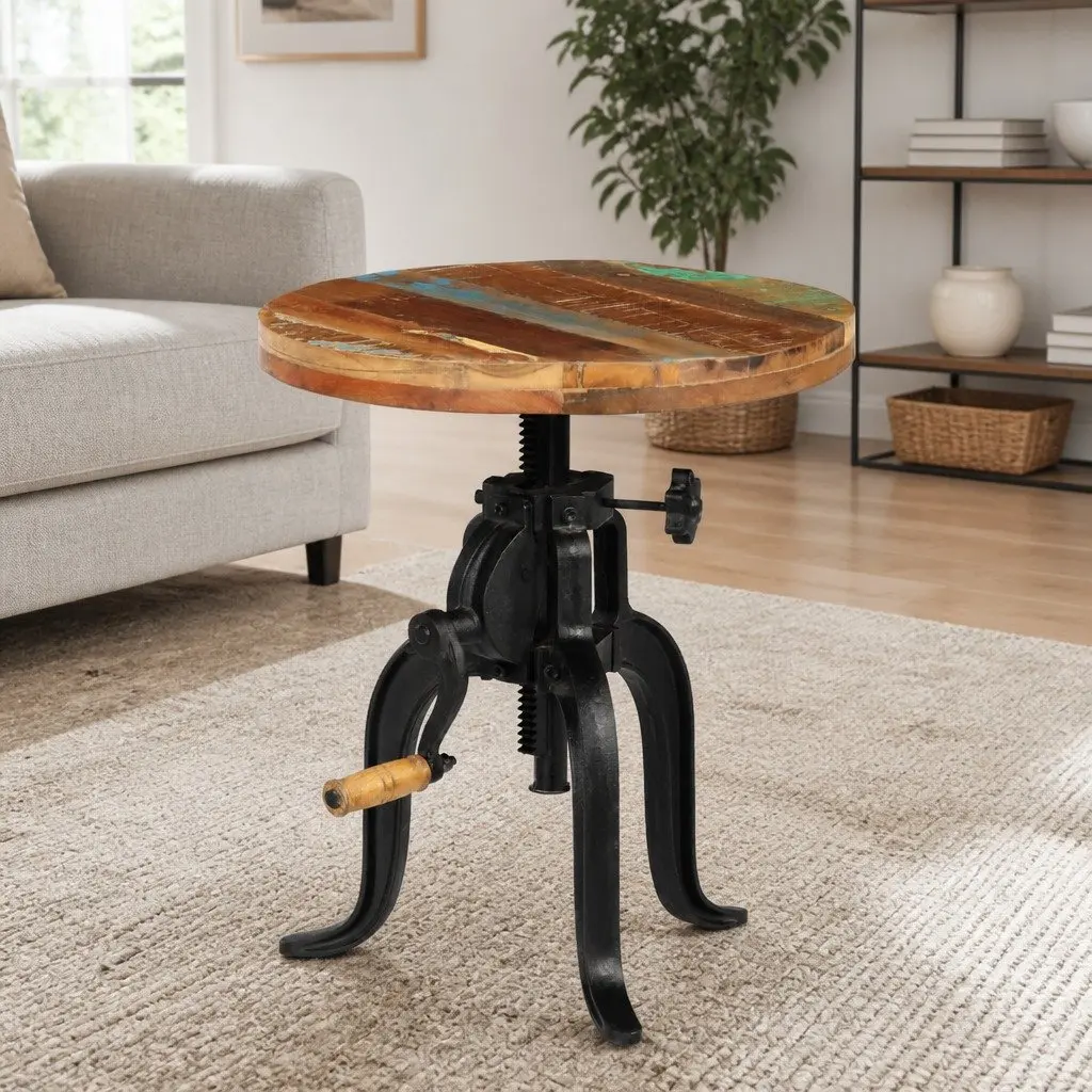 Adjustable Side Table Reclaimed Wood 45-62cm Cast Iron Legs