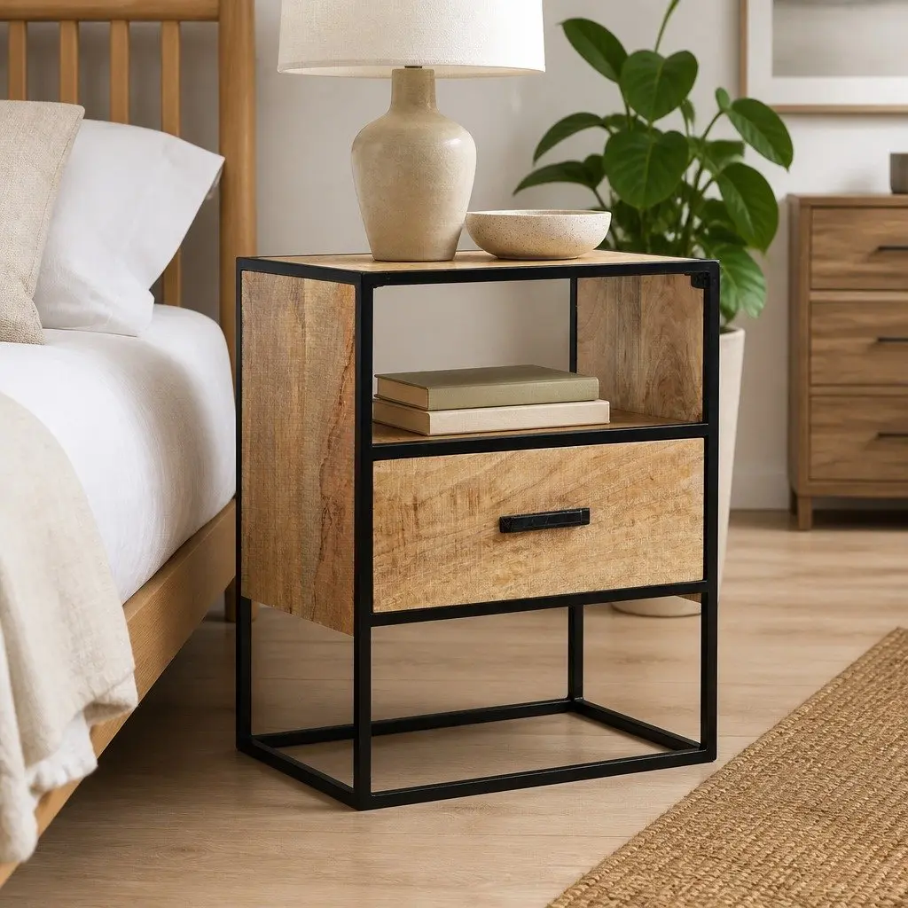 Bedside Table Nightstand 40x30x50cm Solid Mango Wood with Steel Legs Brown