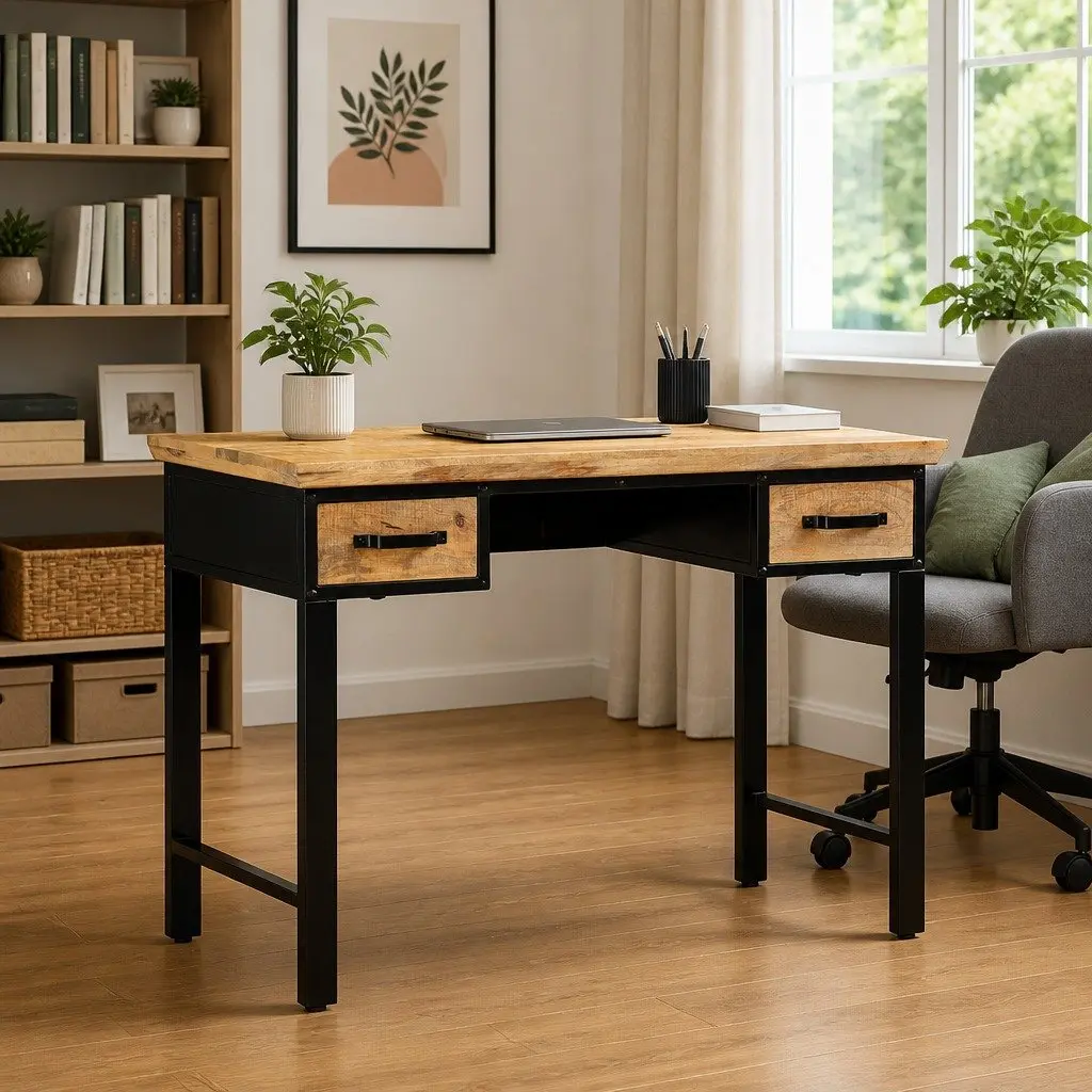 Writing Desk Solid Mango Wood Brown 110x50x76 cm with 2 Drawers Storage