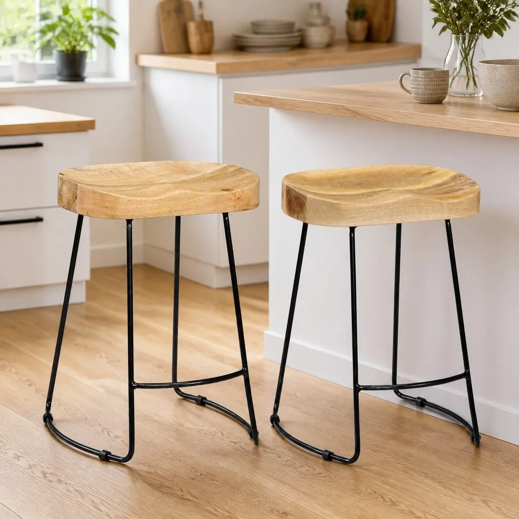 Bar Stools Retro Vintage Solid Mango Wood Brown 2 Piece