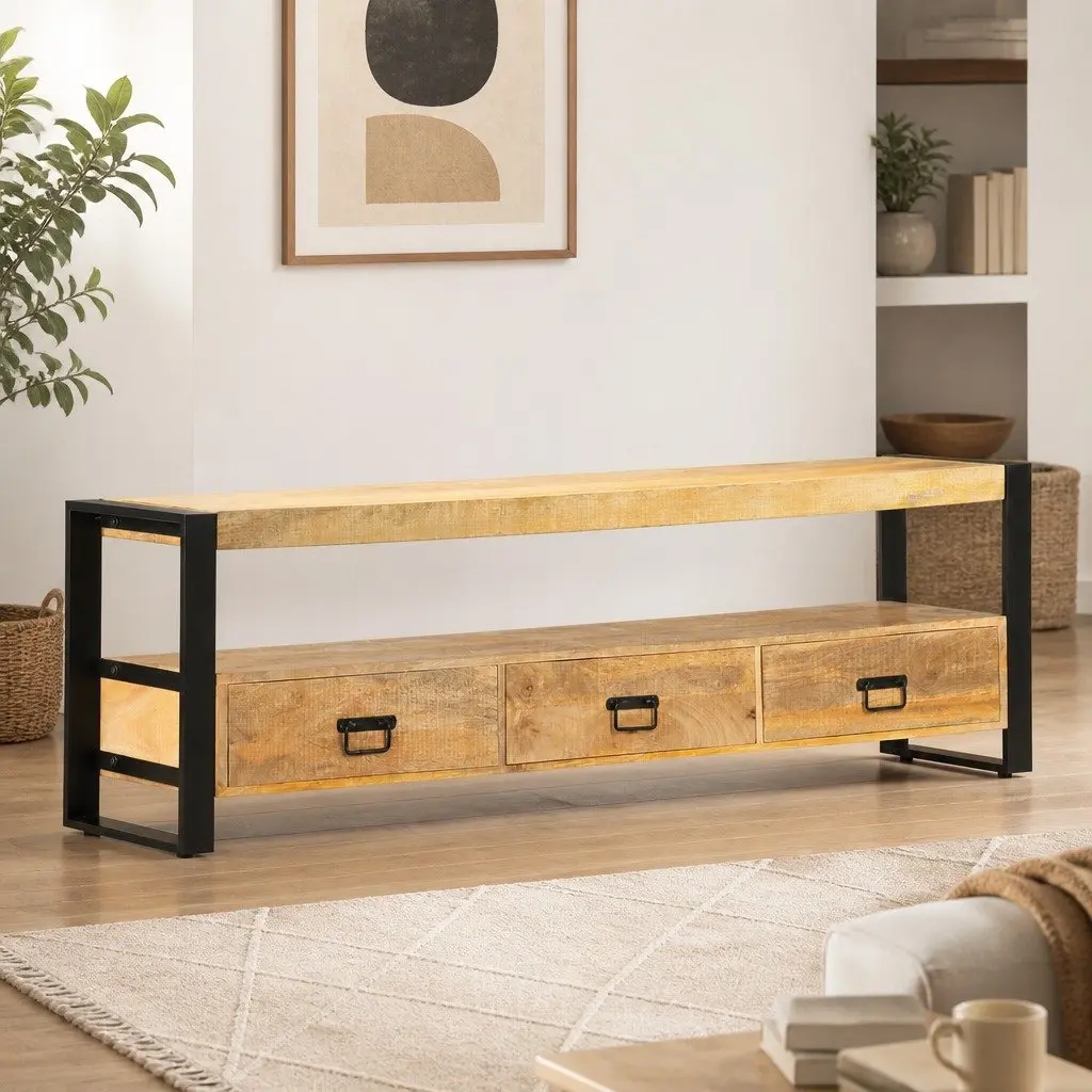 TV Cabinet 150x30x45 cm Solid Mango Wood Rustic Lowboard Storage Drawers