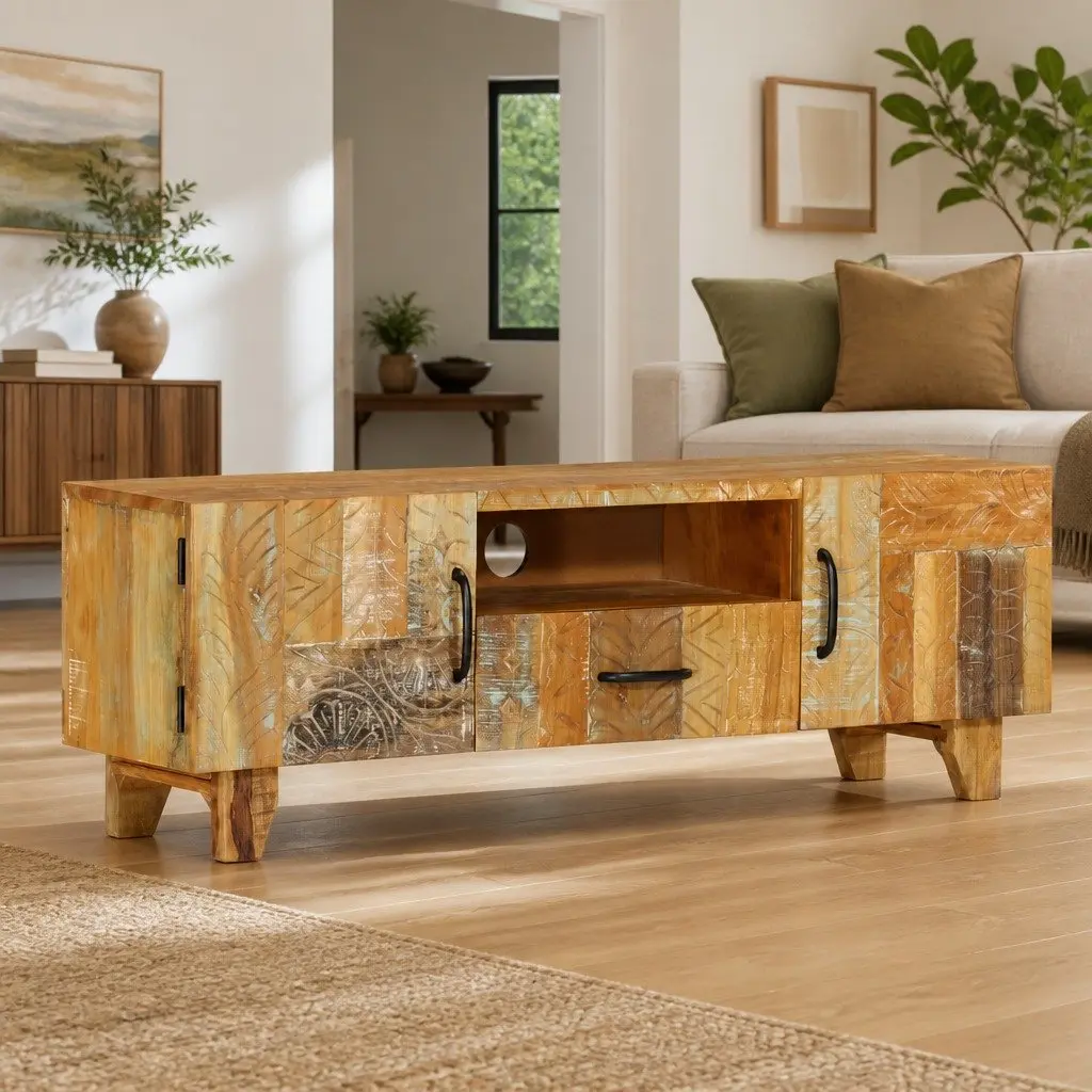 TV Cabinet Hand Carved Antique Pattern Solid Reclaimed Wood 120x30x40 cm