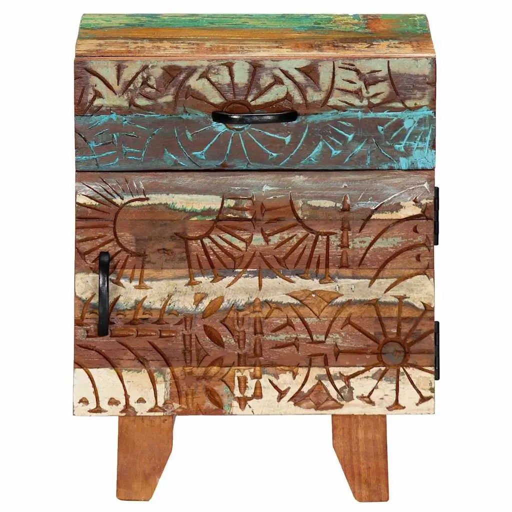 Bedside Cabinet Hand Carved Solid Reclaimed Wood Nightstand Storage Drawer Door