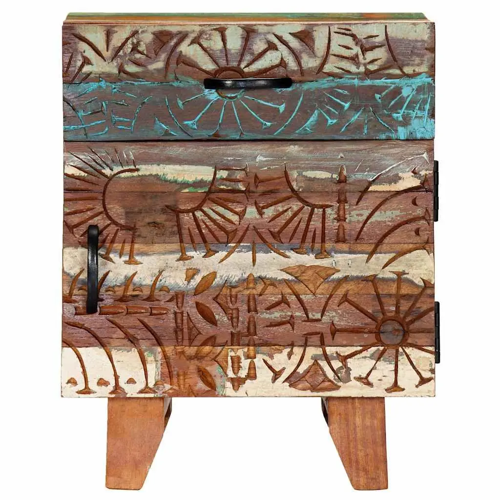 Bedside Cabinet Hand Carved Solid Reclaimed Wood Nightstand Storage Drawer Door