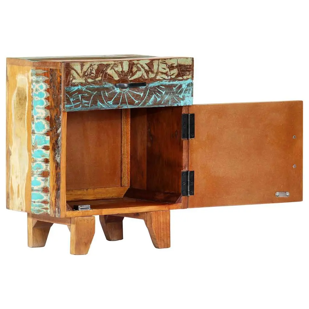Bedside Cabinet Hand Carved Solid Reclaimed Wood Nightstand Storage Drawer Door