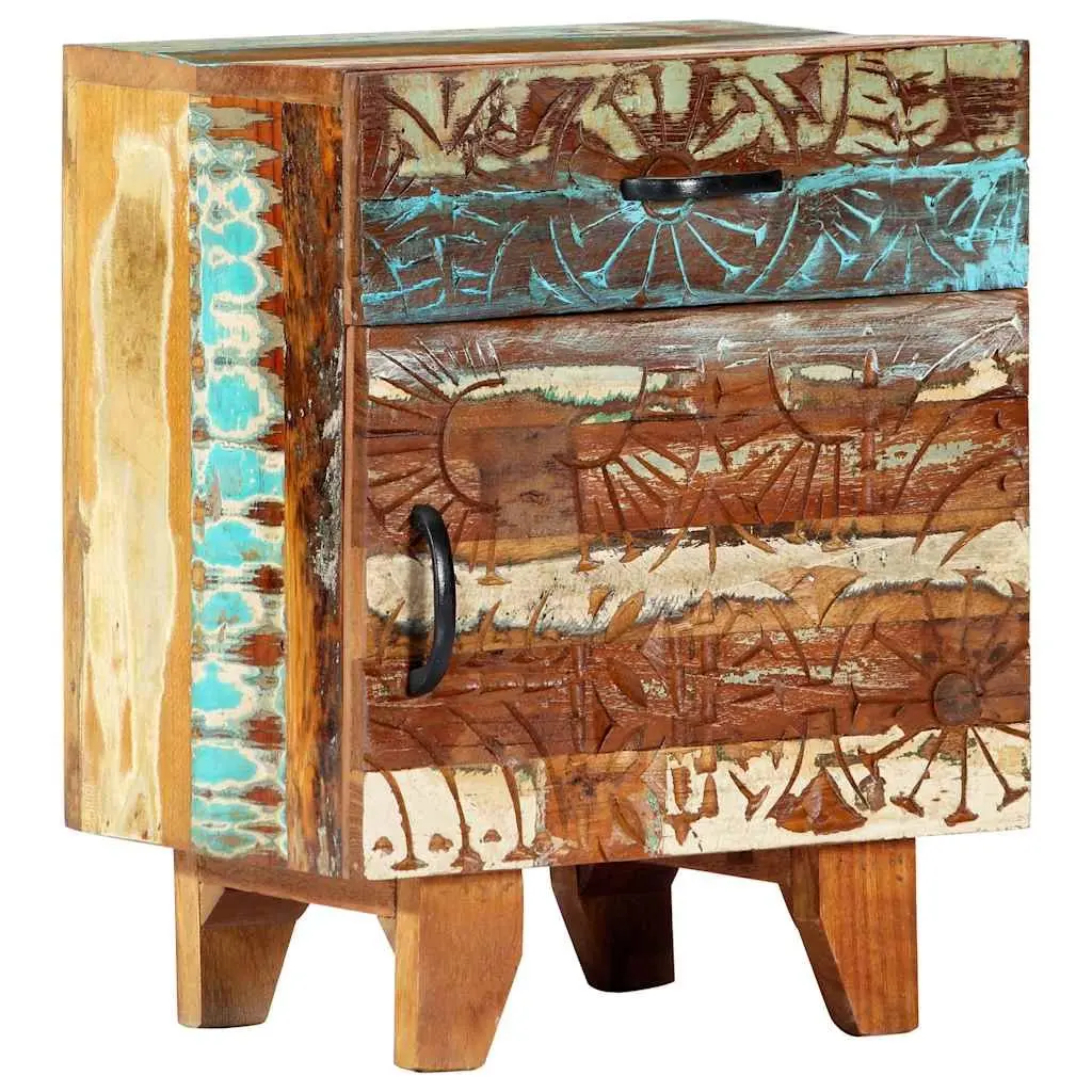 Bedside Cabinet Hand Carved Solid Reclaimed Wood Nightstand Storage Drawer Door