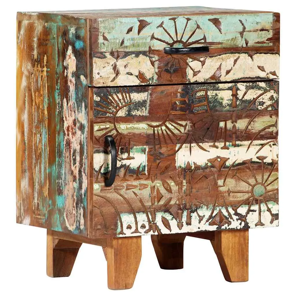 Bedside Cabinet Hand Carved Solid Reclaimed Wood Nightstand Storage Drawer Door