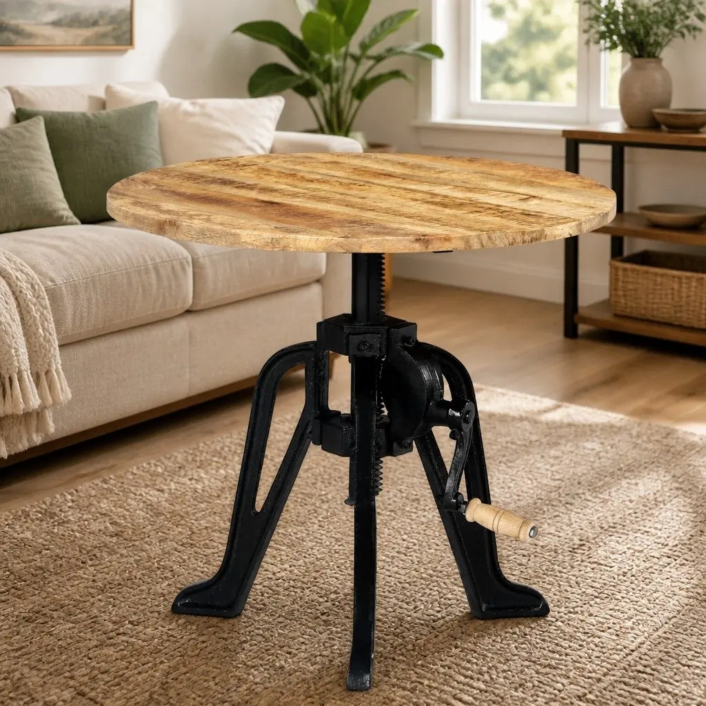 End Table Adjustable Height Solid Mango Wood Top Cast Iron Base 46-63cm