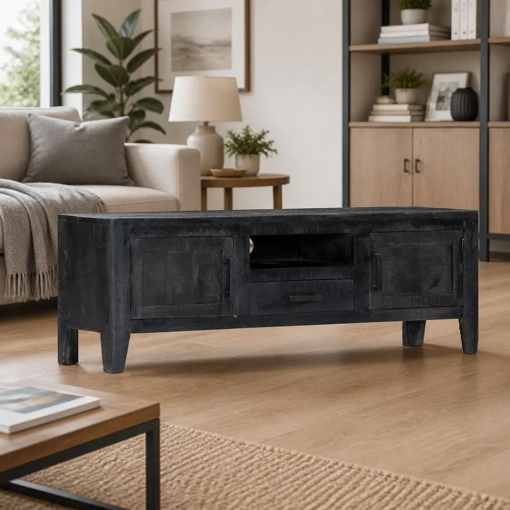 TV Cabinet Vintage Style Black Solid Mango Wood 118x30x40cm Storage Unit