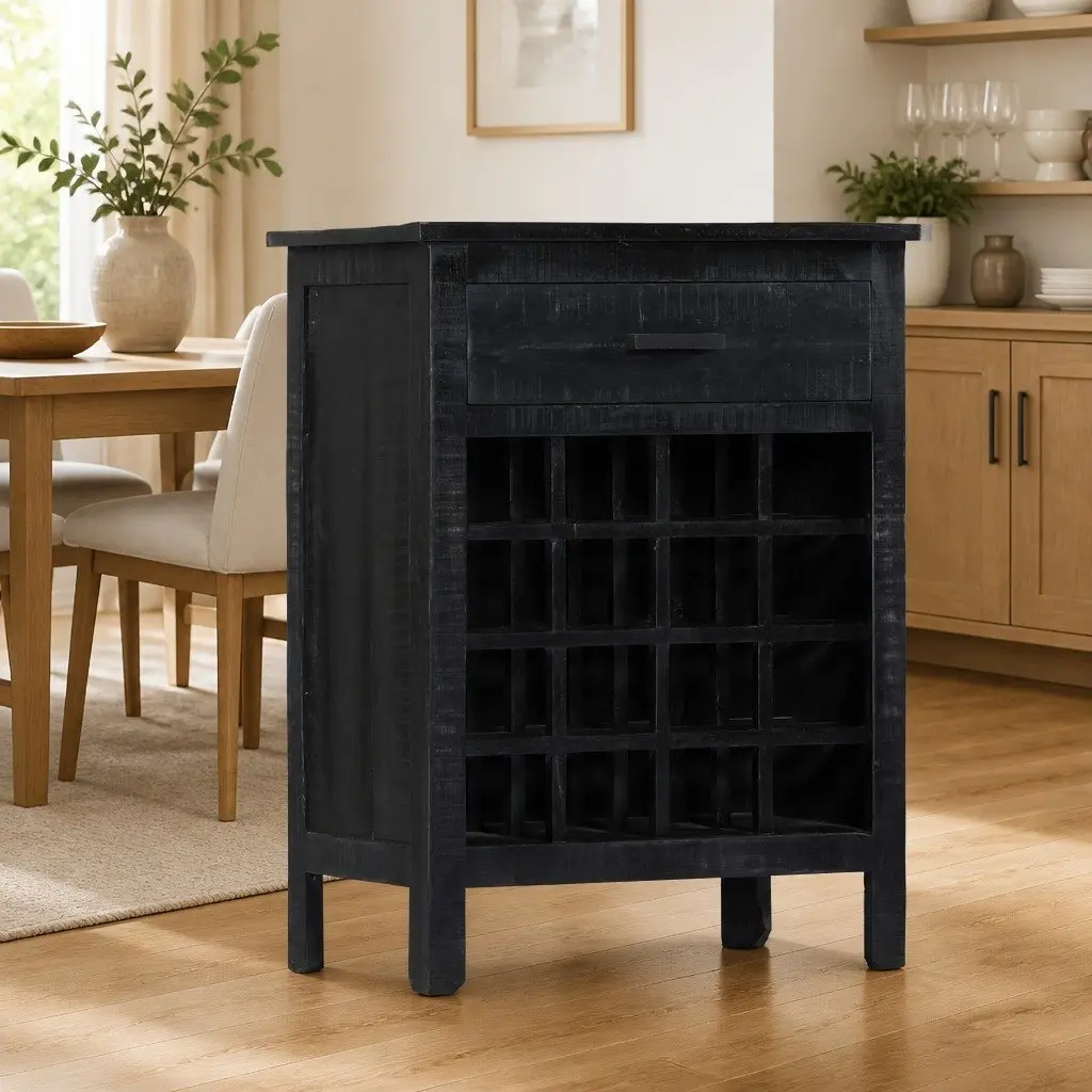 Wine Rack Black Wooden Storage Cabinet Mango Wood 56x35x75cm