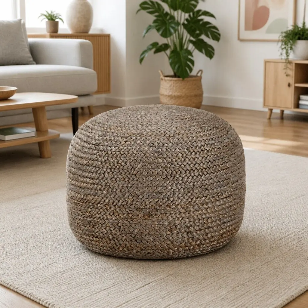 Pouffe Footstool Handmade Grey Braided Jute Foam Filled 45 x 30 cm