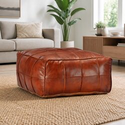 Pouffe Footstool Ottoman Goat Leather Tan Relaxing Seating Foot Rest Home Decor