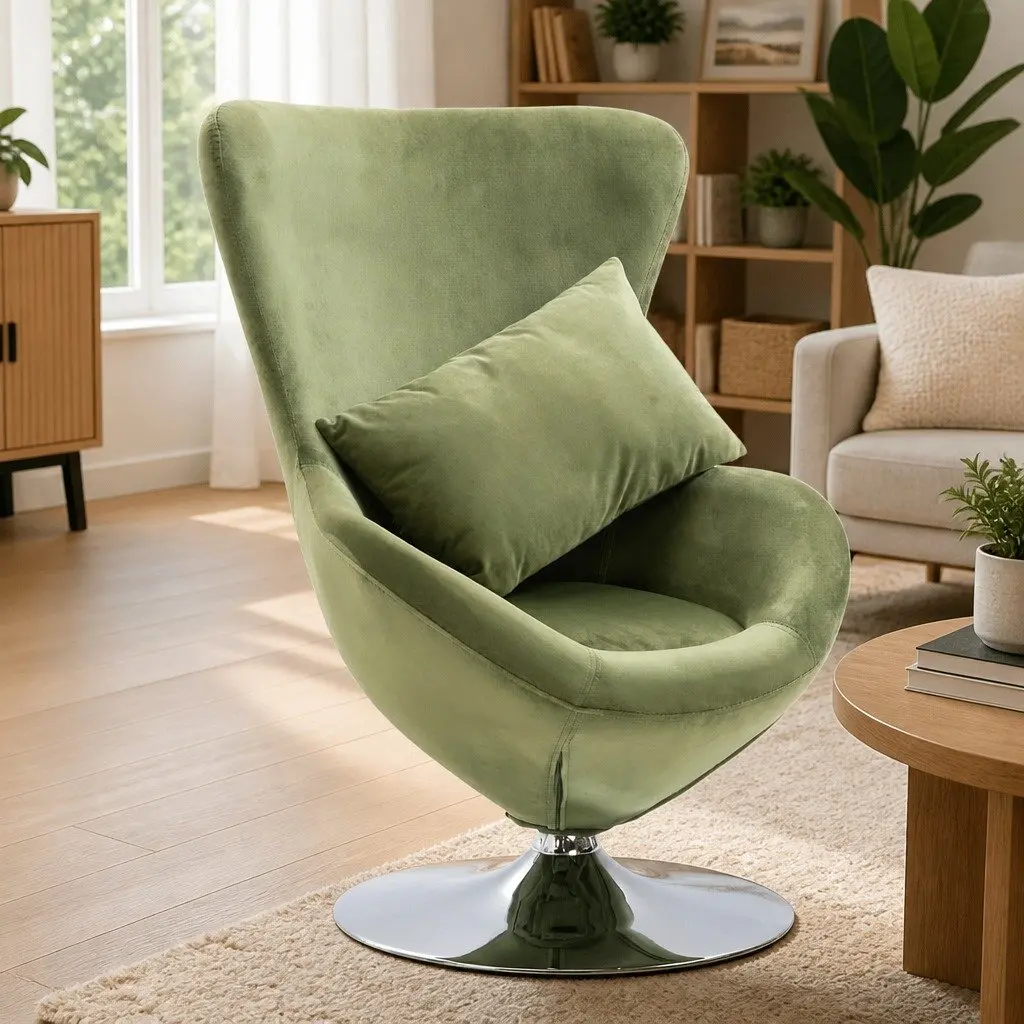 Swivel Egg Chair with Cushion Green Velvet Upholstered Armchair 360 Degree