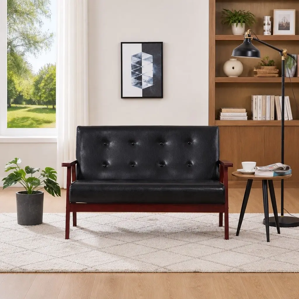 2-Seater Sofa Retro Black Faux Leather Padded Couch