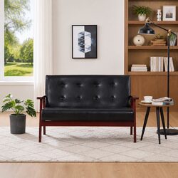 2-Seater Sofa Black Faux Leather Retro Living Room Furniture Padded Couch