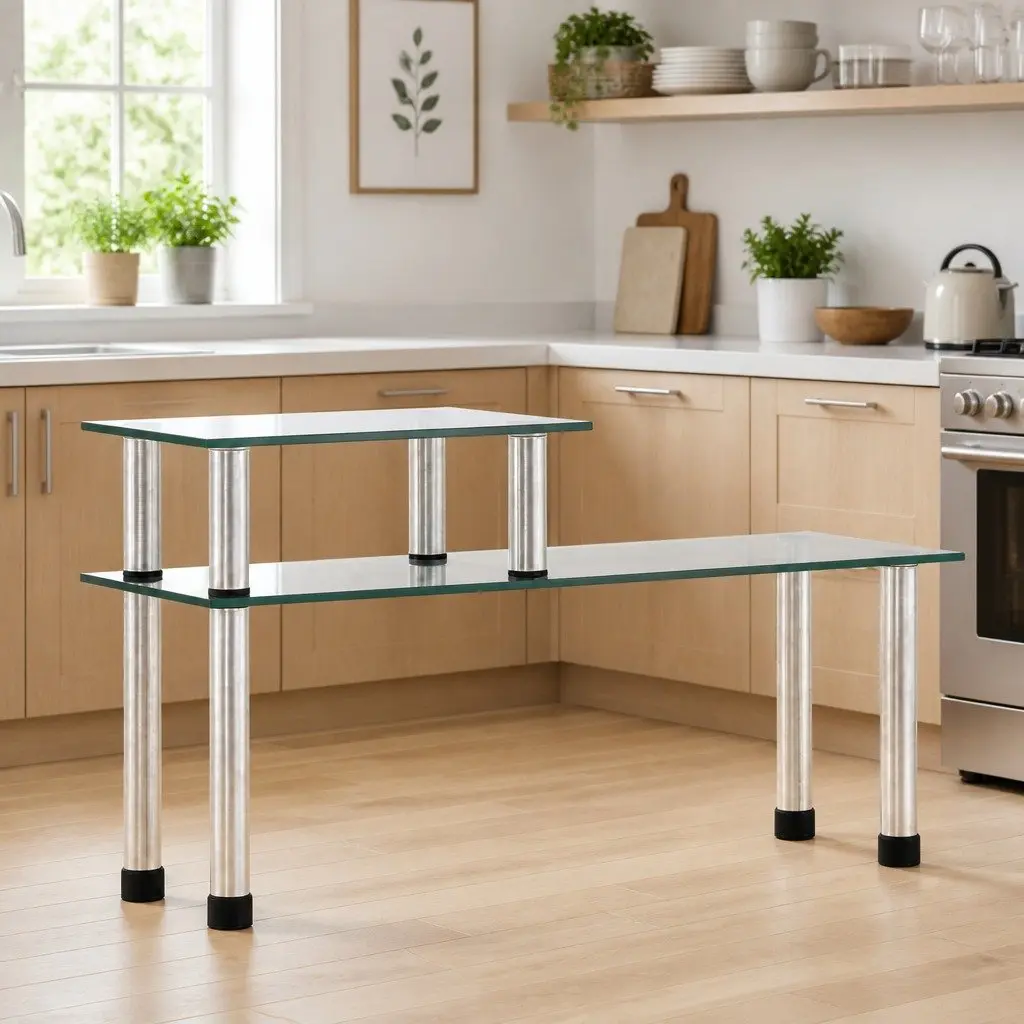 2-Tier Kitchen Shelf Transparent Tempered Glass Spice Rack Organiser Display 45 x 16 x 26 cm