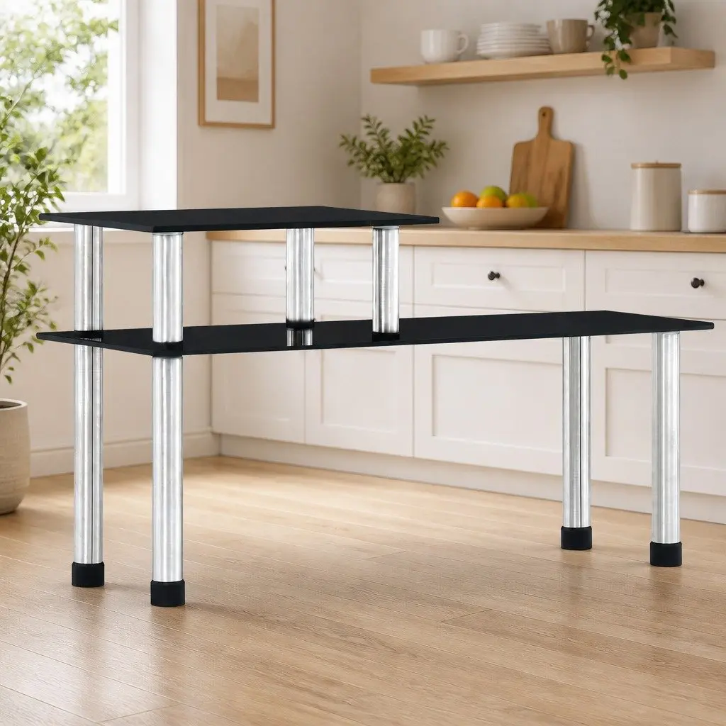2-Tier Kitchen Shelf Black Tempered Glass Storage Organiser 45 x 16 x 26 cm