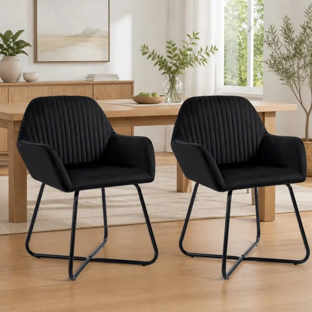 Dining Chairs Black Velvet Soft Upholstery with Armrests 2 Piece