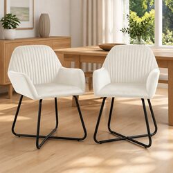 Dining Chairs Set of 2 Cream Velvet Armrest Backrest Kitchen Living Room Seating