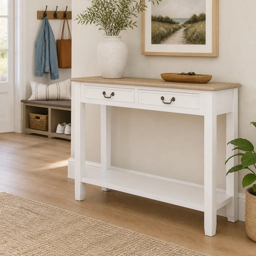 Console Table White 110x35x80 cm Wooden with Drawers and Shelf for Entryway Hallway Living Space