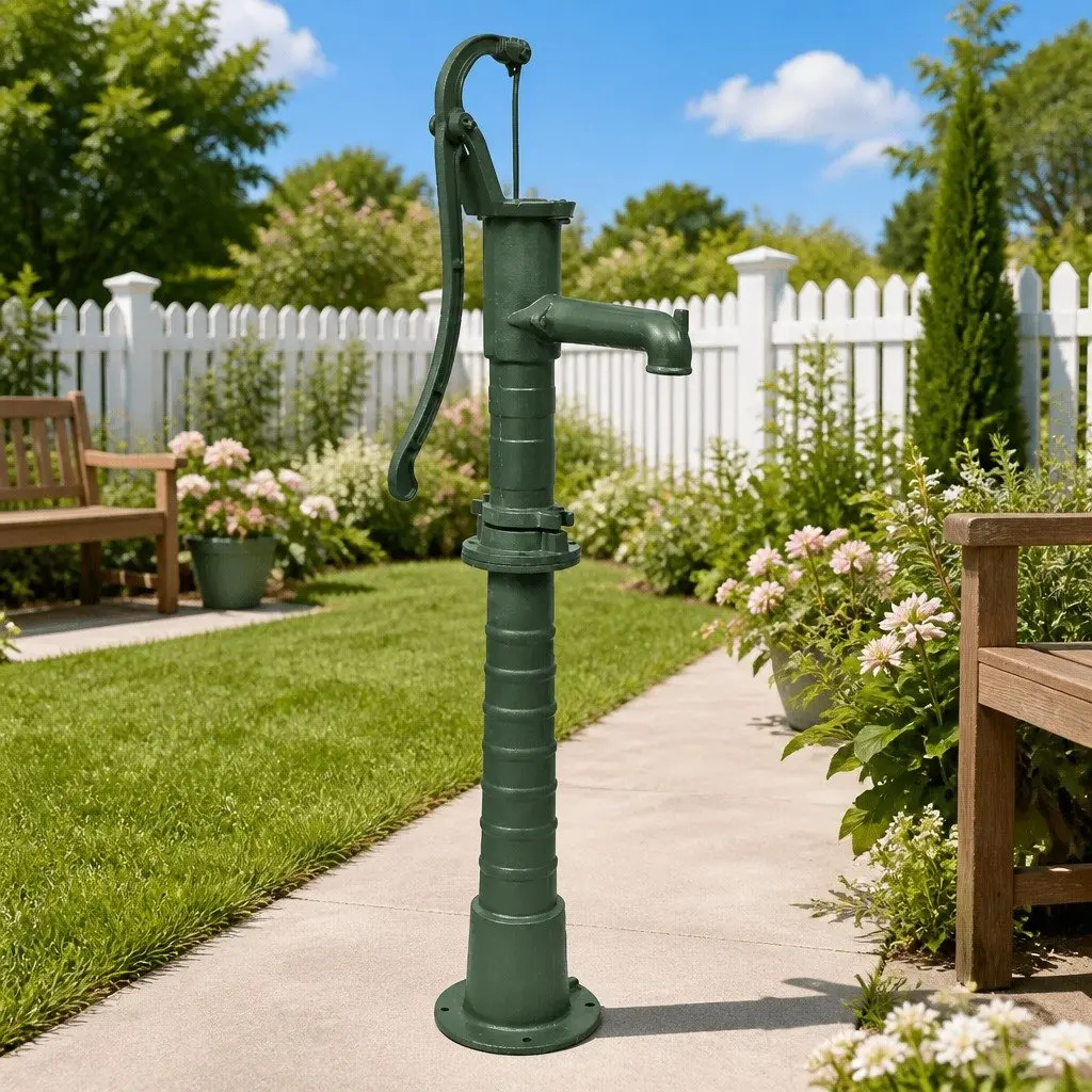 Hand Water Pump with Stand Garden Well Draw Up to 8M Deep Cast Iron Green