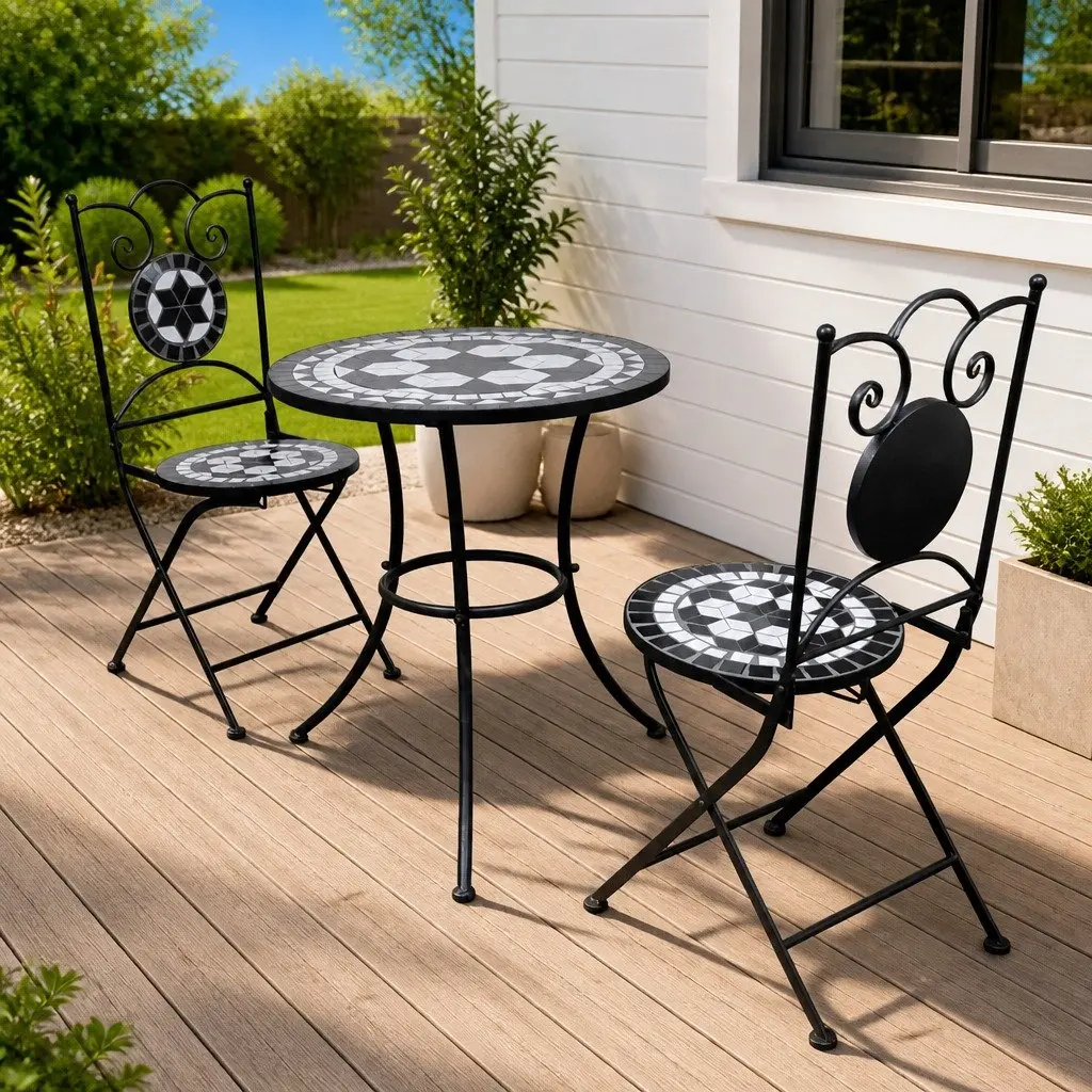 3 Piece Outdoor Bistro Set Ceramic Tile Table Chairs Patio Garden Furniture