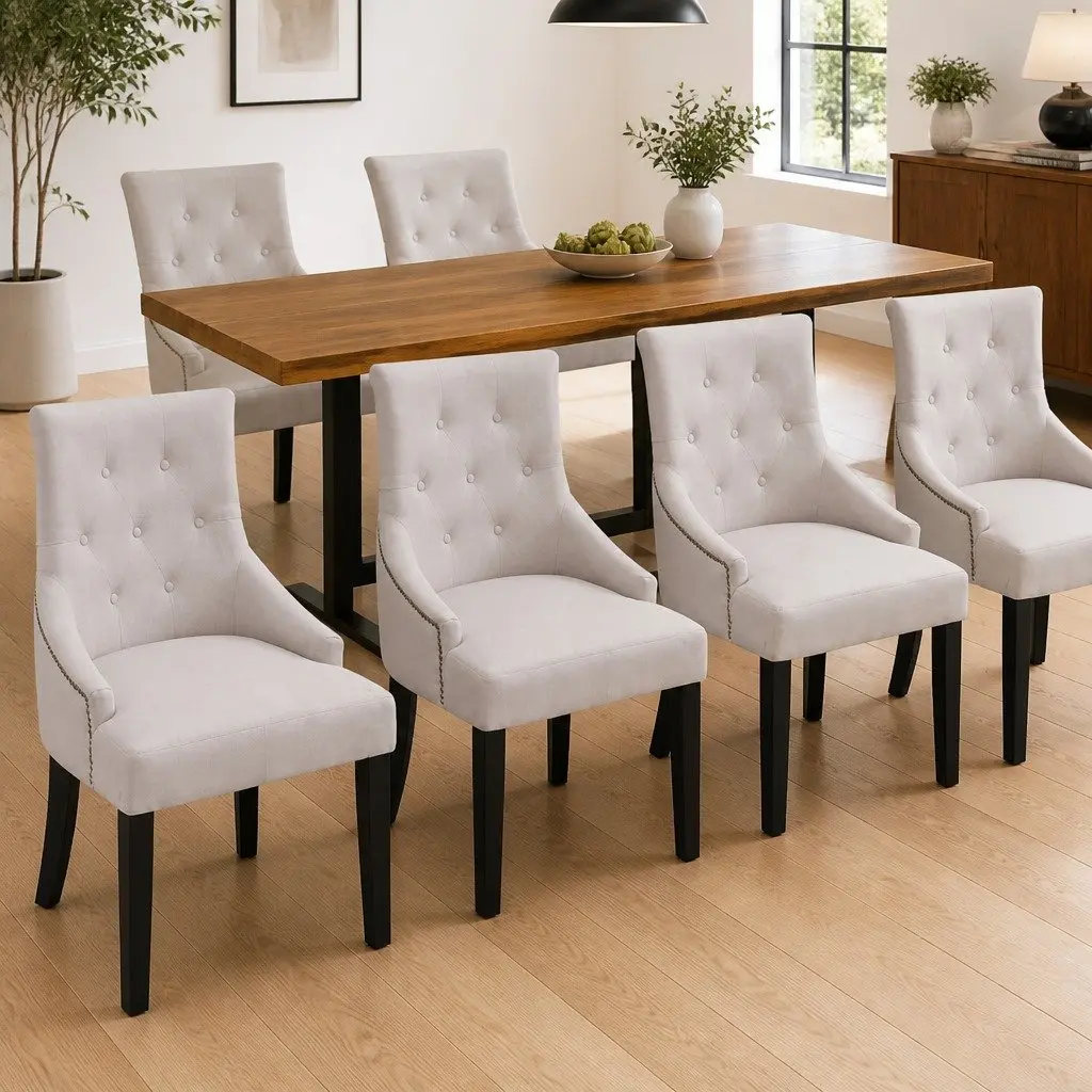 Dining Chairs Set Cream Fabric Padded Armrests 6 Piece