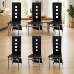 Dining Chairs Set of 6 Black Faux Leather Kitchen Room Furniture High Backrest